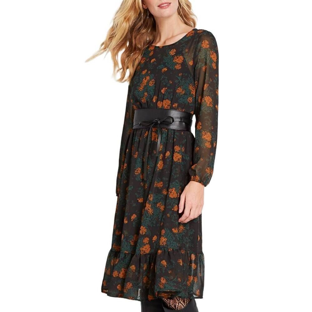 Modcloth Black Orange Floral Chiffon Midi Dress Long Sleeve Ruffle Size XS